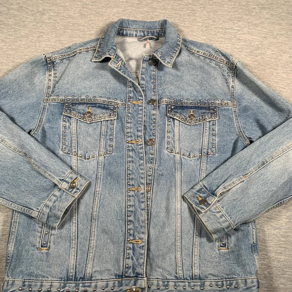 Free People Jacket Womens Small Blue Denim Studded‎ Distressed Jean Western Boho - Picture 2 of 13